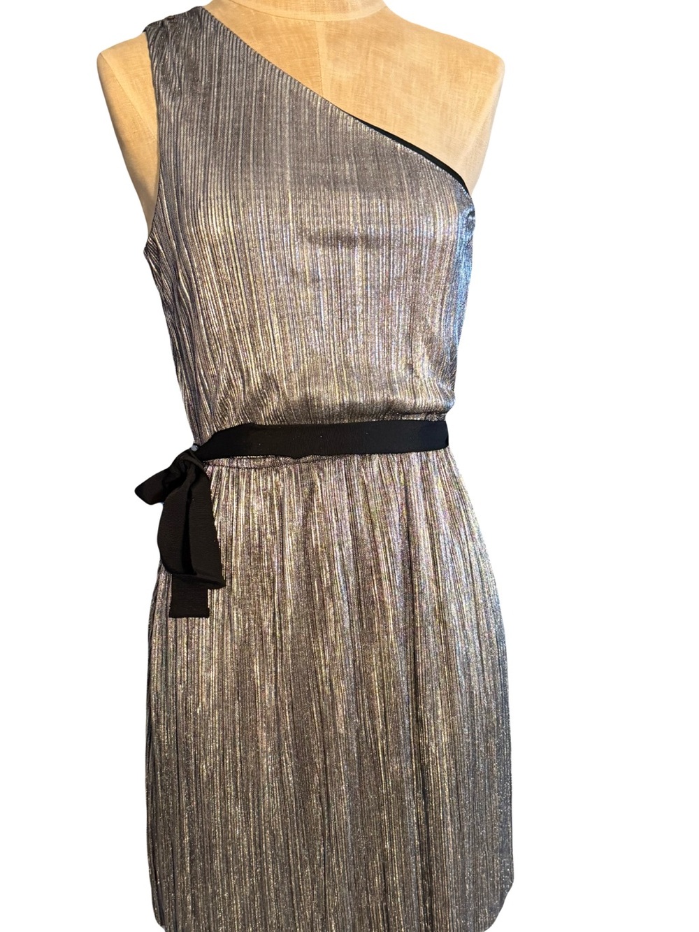 Express One-Shoulder Silver Dress with Black Waist Tie Size Small